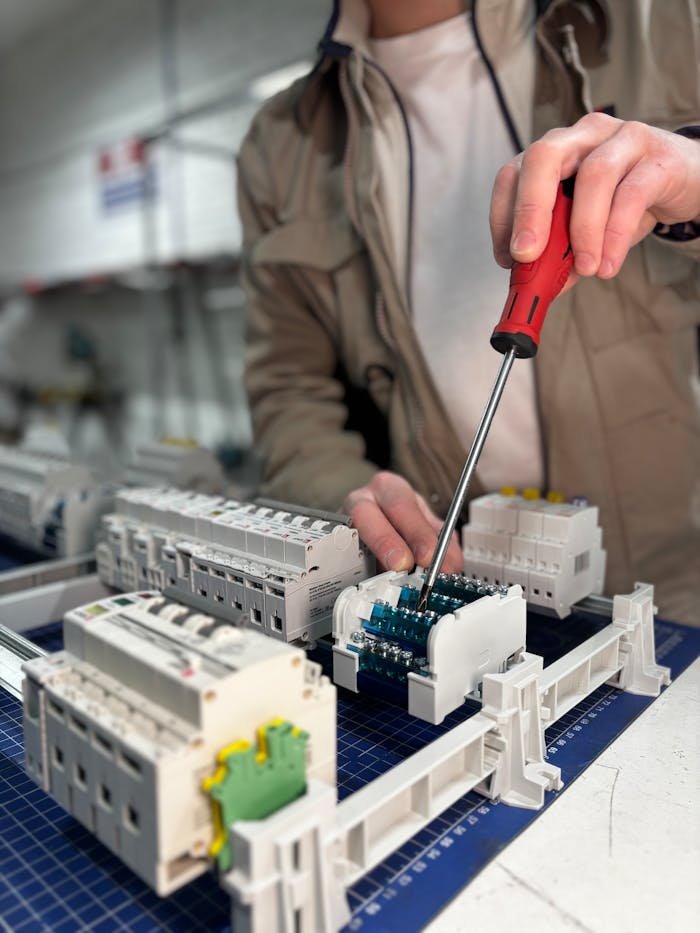 about-01 An electrician uses a screwdriver to assemble a circuit board in a well-lit workshop.